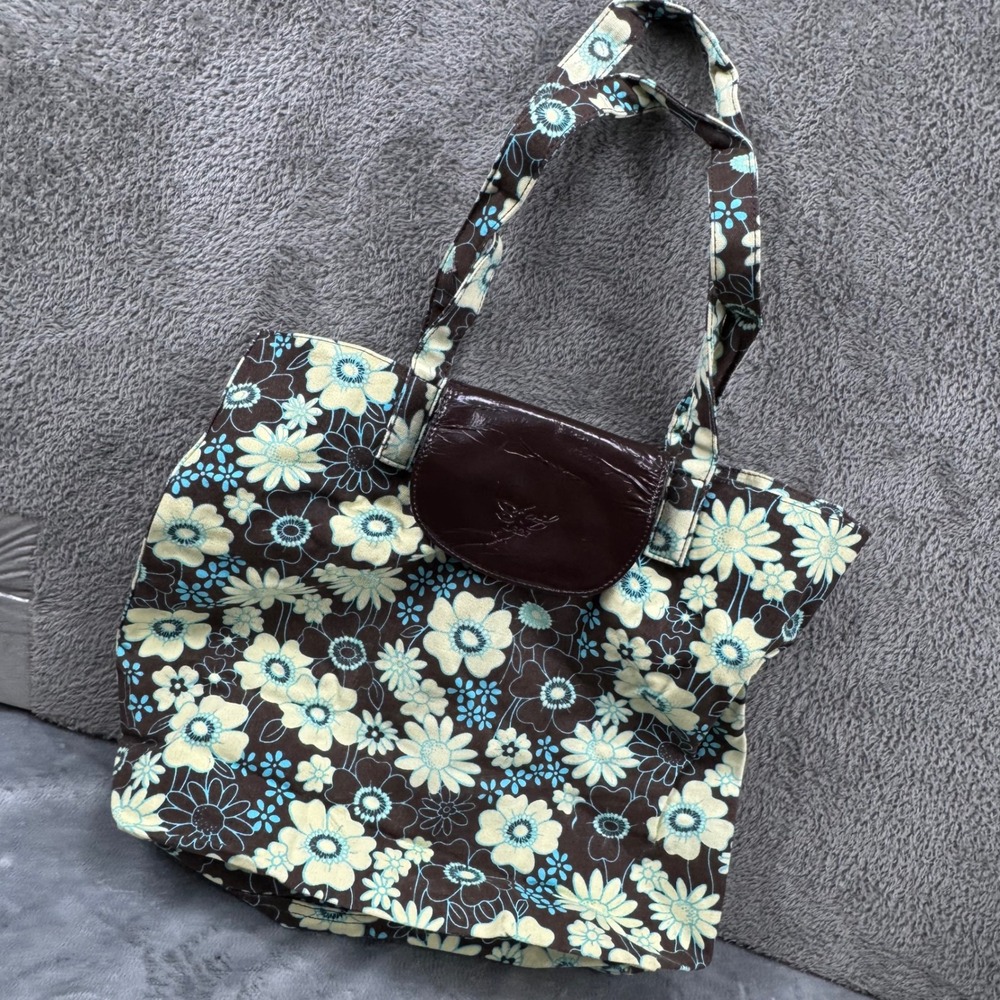 Sharif 1827 Floral Canvas Tote Bag Womens Large Brown Blue‎ Boho Shoulder